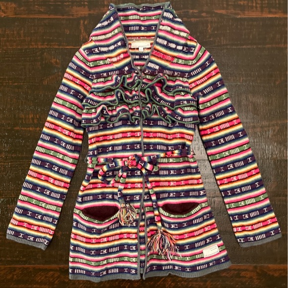 Odd Molly Size 0 XS Colorful Striped Snap Cardigan Ruffle Tie Waist Wool Cozy - Picture 13 of 13